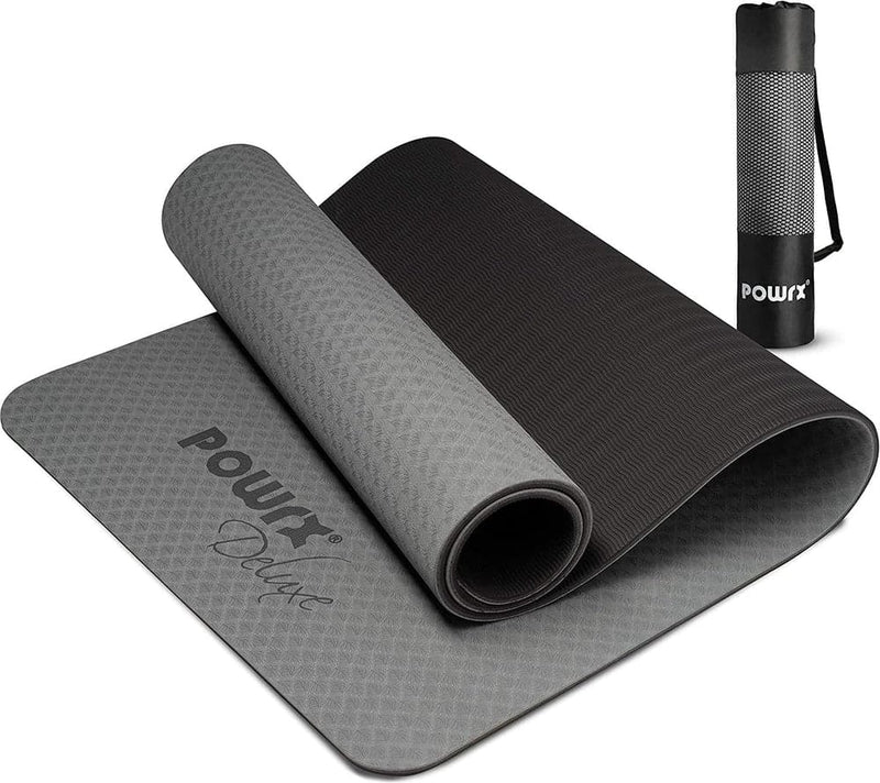 POWRX Yoga Mat 3-layer Technology incl. Carrying Strap + Bag | Excersize mat for workout-Sports & Outdoors-Powrx-Grey / Black-Kettlebell Kings