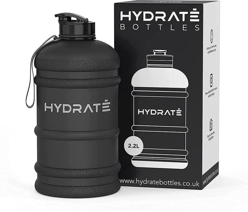Hydrate 2.2 Litre Water Bottle - Now with Easy Drink Cap - Durable & Extra Strong - BPA-Sports & Outdoors-Hydrate-Matte Black Half Gallon-Kettlebell Kings